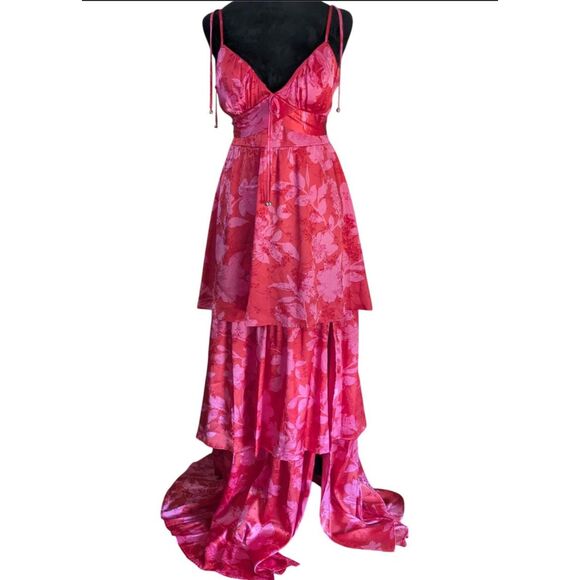 CRYSTAL DOLL Tiered Maxi Gown M Red Pink Floral Satin Fantasy Fairy Formal Dress - Picture 3 of 9